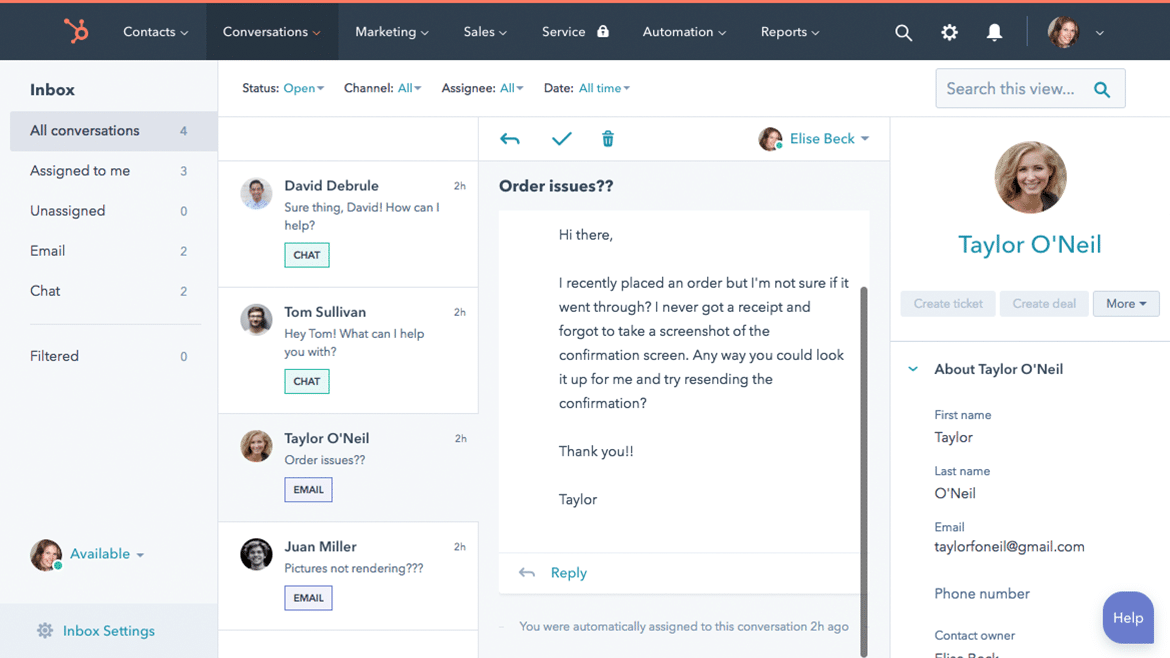 conversations HubSpot Service inbox