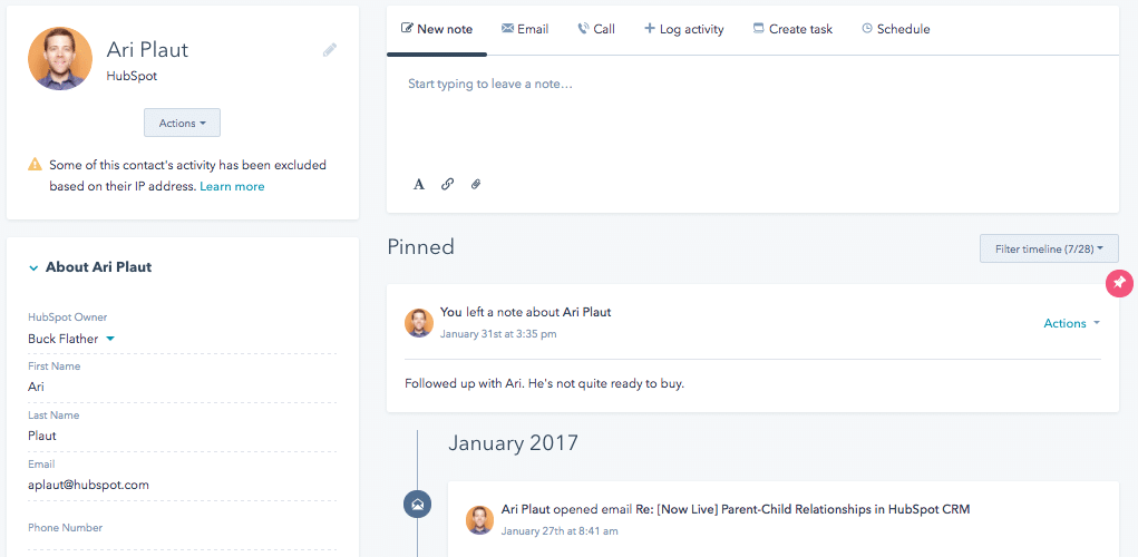 Pinned notitie Hubspot