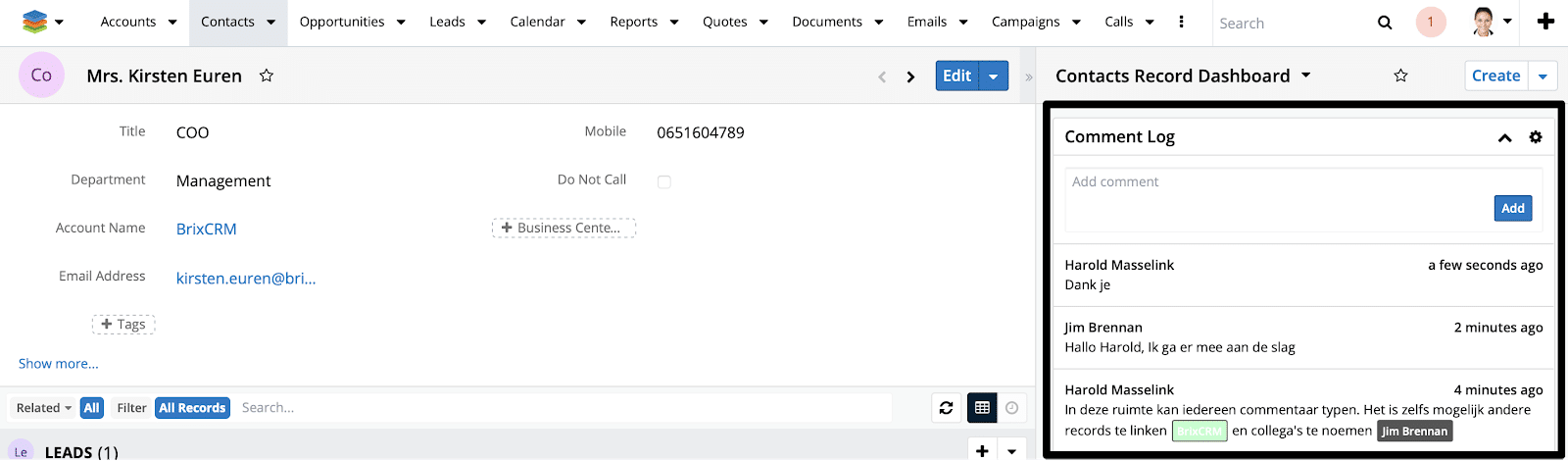 SugarCRM versie 10 comment log dashlet