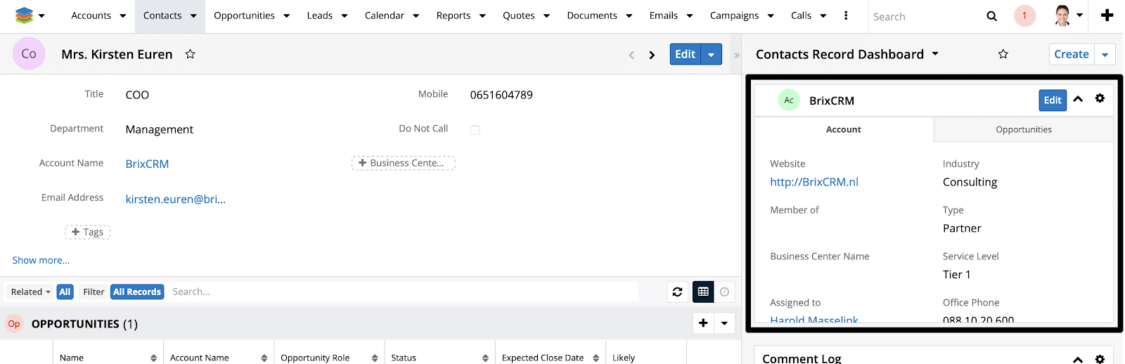 sugarCRM versie 10 record view dashlet