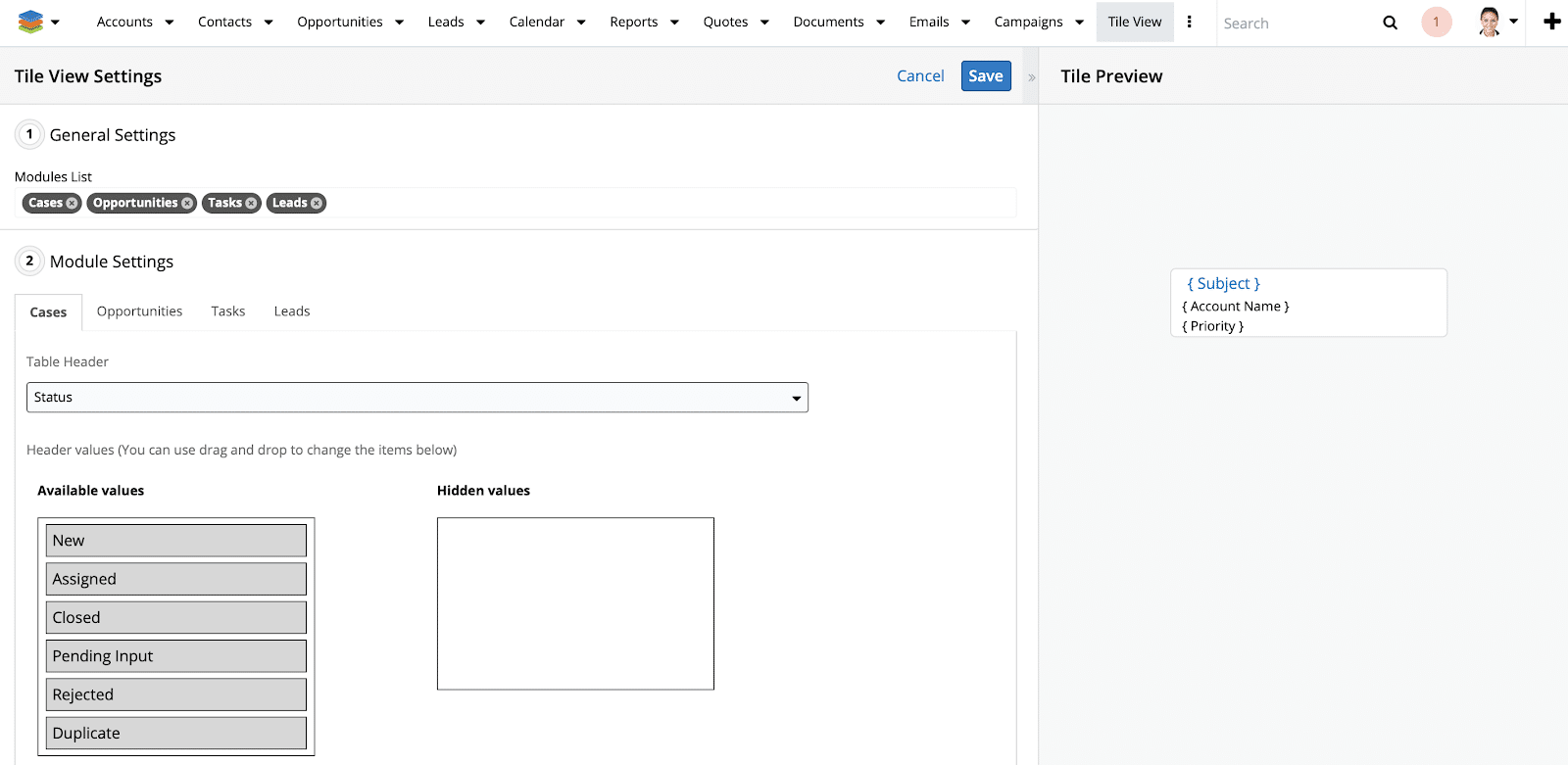 SugarCRM versie 10 Tile view 2