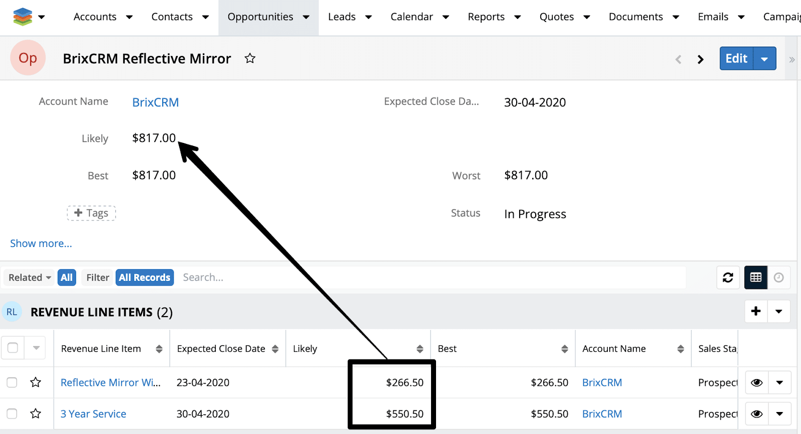 SugarCRM versie 10 Revenue line item