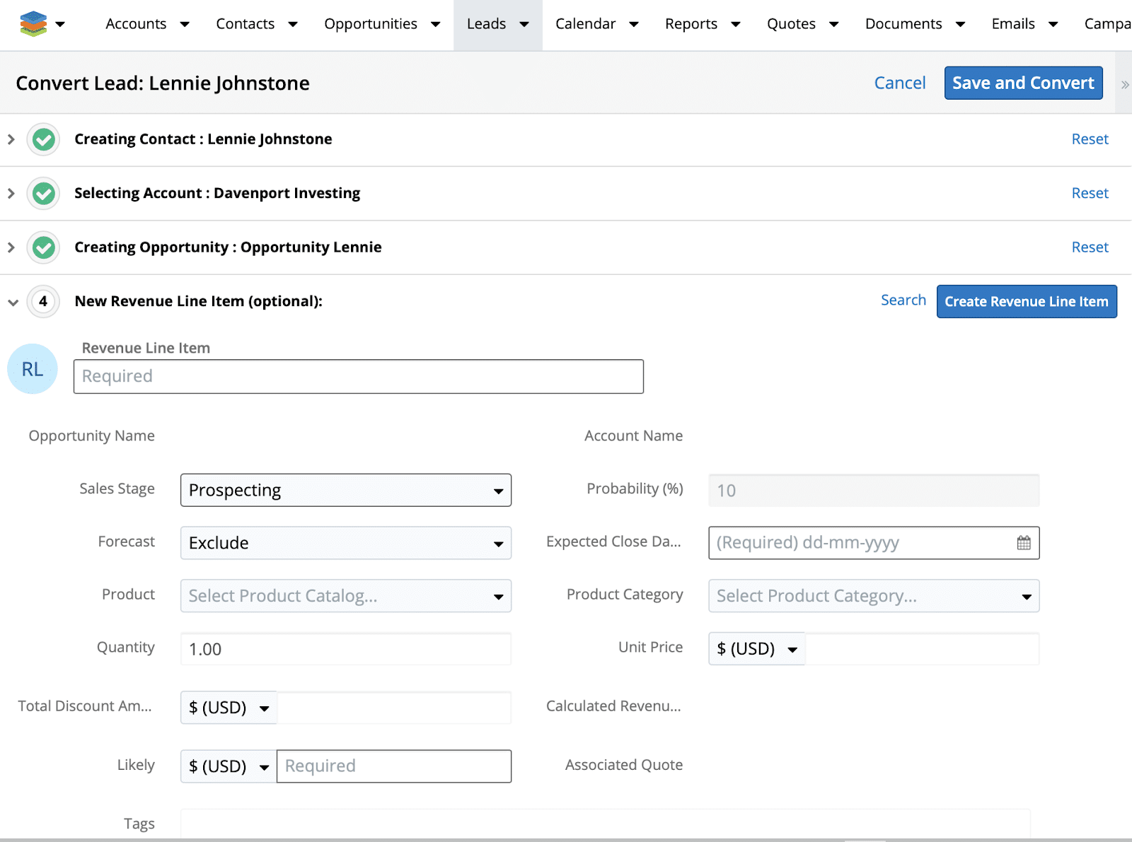 SugarCRM versie 10 revenue line item 2