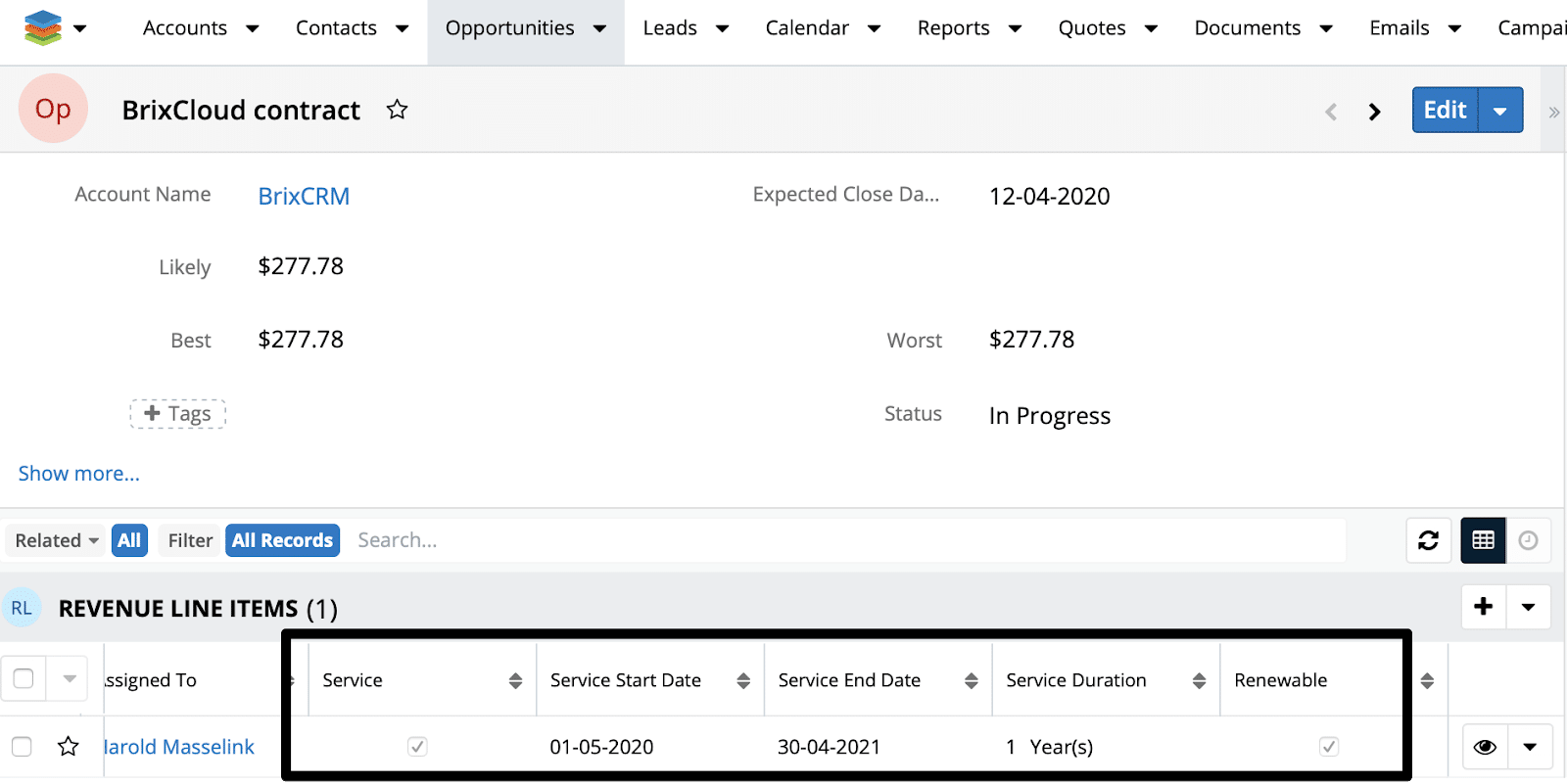 SugarCRM versie 10 revenue line item 3
