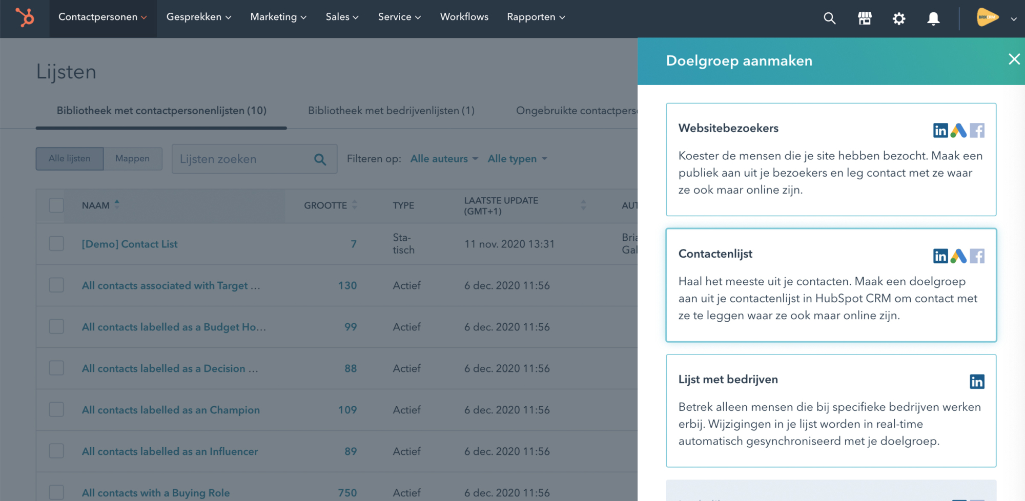 Maak van contactpersoonlijsten doelgroepen aan voor marketing