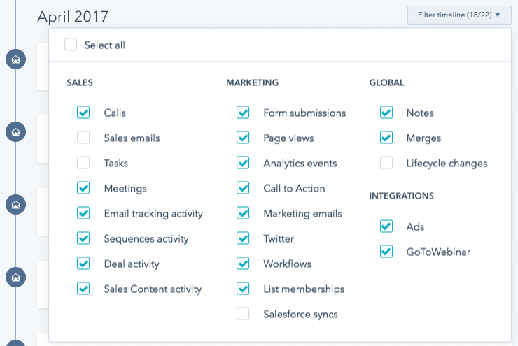 filter timeline hubspot
